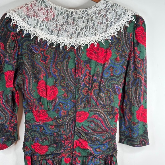 VTG 90s Lisa II Christmas Midi Dress 16 Floral Lace Collar Cottage Prairie Retro - Picture 5 of 13